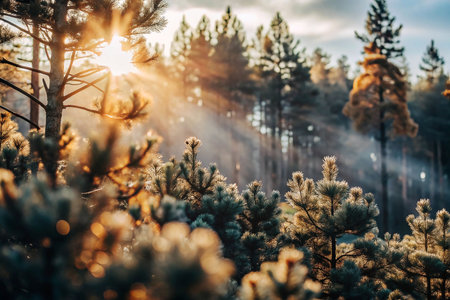 Golden sunset through pine forestの素材