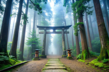 Misty forest path with torii gateの素材