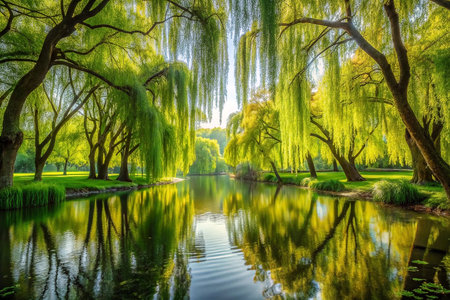 Sunlight on weeping willows reflecting in park pondの素材