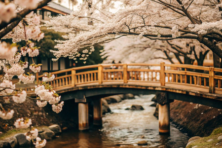 Cherry blossom bridge over stream in Japanの素材