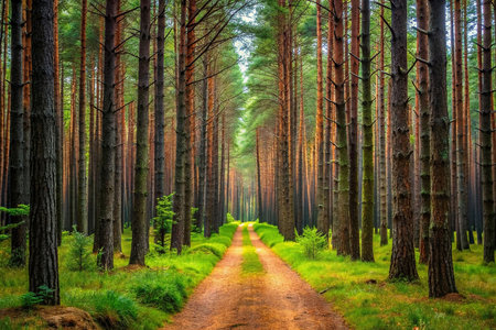 Pine Forest Path, Sunlight, Tranquil Woods, Nature's Beauty,  Background of Lush Greenの素材