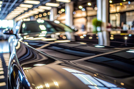 Polished black car hood in showroomの素材