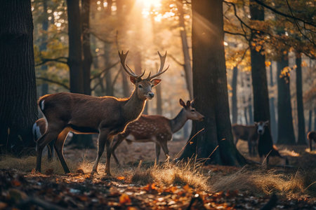 Autumn forest deer herd sunriseの素材