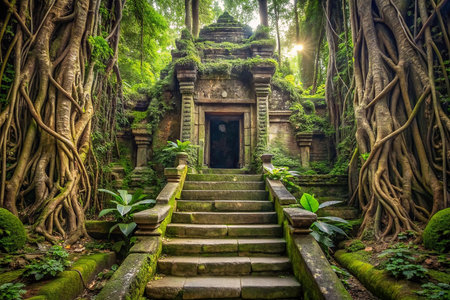 Ancient jungle temple overgrown with rootsの素材