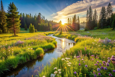 Sunrise over meadow stream; wildflowers, forest background.  Possible use Nature wallpaperの素材