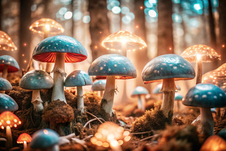 Illuminated mushrooms in a mystical forest gladeの素材