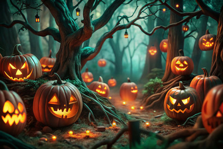 Halloween jack-o'-lanterns in spooky forest pathの素材