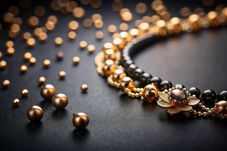 Luxury gold necklace on dark background with beadsの素材