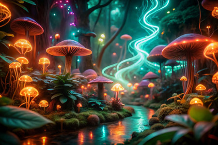 Glowing mushrooms, fairy forest, glowing stream, vibrant lightsの素材