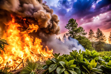 Forest fire, flames, smoke, dramatic sunset, natureの素材