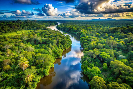 Aerial view of Amazon river winding through lush rainforestの素材