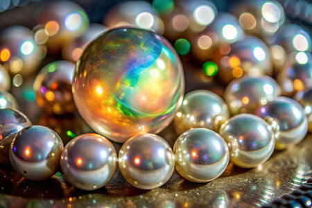 Colorful iridescent sphere on a tray of pearls, bokeh backgroundの素材