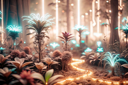 Mystical forest pathway illuminated by glowing flowersの素材