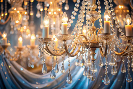 Elegant crystal chandelier illuminating a draped backdropの素材