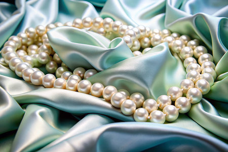 Pearl necklace on mint green silk fabricの素材