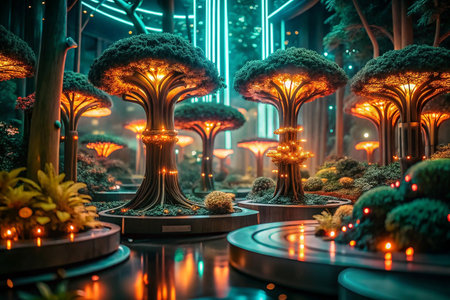 Futuristic glowing trees in a surreal garden at nightの素材