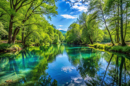 Serene forest river reflecting vibrant skyの素材