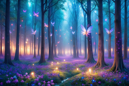 Magical forest path with glowing fairies at duskの素材