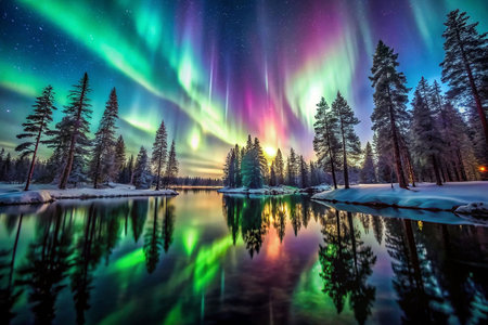 Aurora borealis over snowy lake, vibrant reflectionsの素材