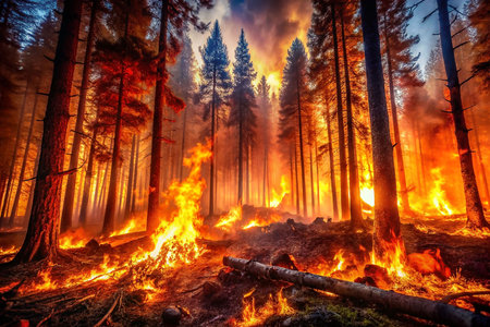 Forest fire raging through pines at sunsetの素材