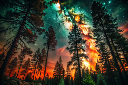 Night sky ablaze over forestの素材