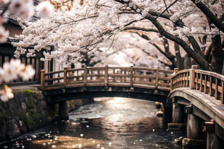 Cherry Blossom Bridge over Canal in Japanの素材