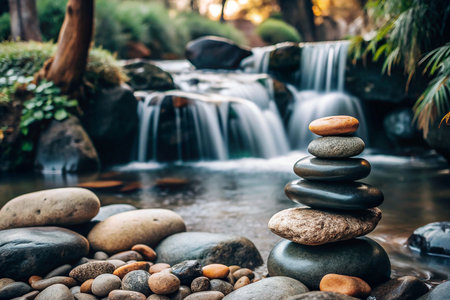 Zen stones balanced by flowing waterfallの素材