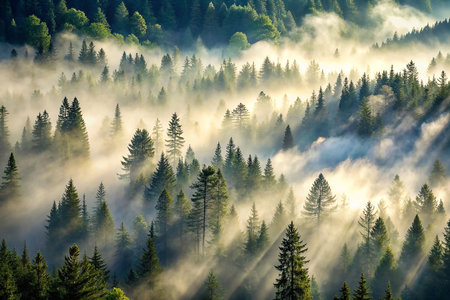 Misty mountain forest sunrise, sunbeams through fogの素材
