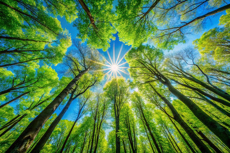 Sunlight through forest canopy, upward view, springの素材
