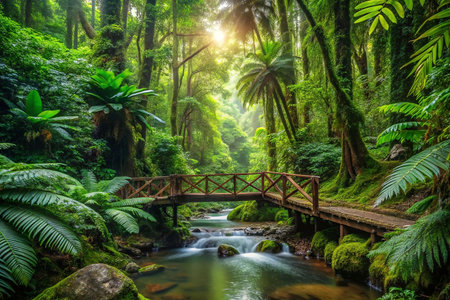 Lush rainforest boardwalk over flowing stream. Sunlight filters through canopyの素材