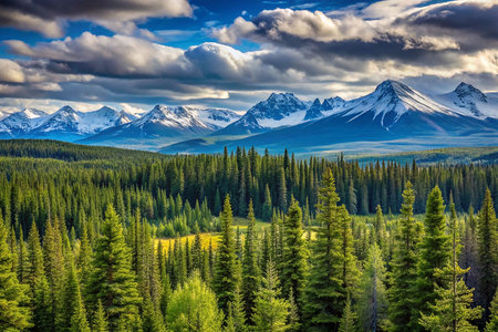 Mountain valley panorama, scenic forest, dramatic cloudsの素材