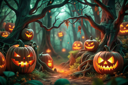 Halloween jack-o'-lantern forest sceneの素材