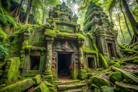 Moss-covered ancient temple entrance in jungleの素材