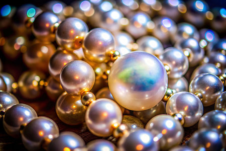 Closeup pearl necklace on wooden surface, bokeh background.  Use Jewelry catalogの素材