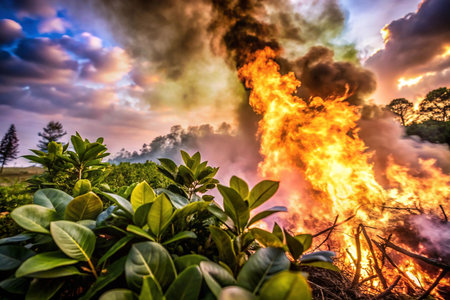 Dramatic wildfire at sunset, vegetation foregroundの素材
