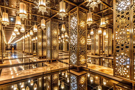 Luxurious gold mirrored hallway with intricate details, elegant lighting, and reflecting surfacesの素材