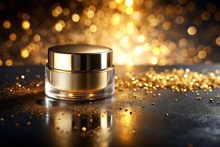 Luxurious gold cream jar on dark background with golden bokehの素材