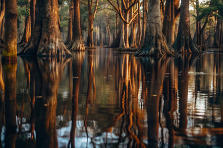 Sunlit Cypress Swamp Reflection, Calm Water, Lush Treesの素材