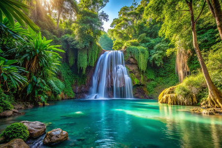 Lush Tropical Waterfall Pool, Sunlit Jungleの素材