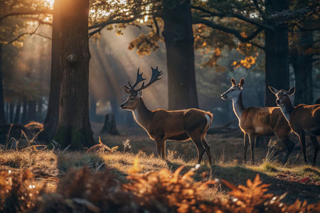 Autumn forest sunrise deer herdの素材