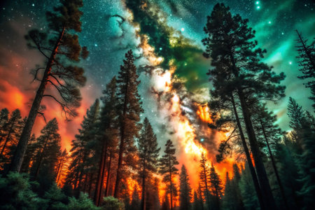 Forest fire night sky ablaze with starsの素材