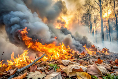 Forest fire at sunset, smoke, leaves, dangerの素材