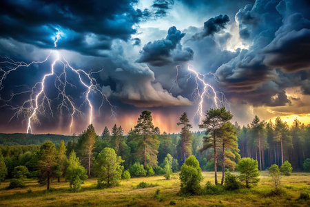 Dramatic Lightning Storm over Forest Landscapeの素材