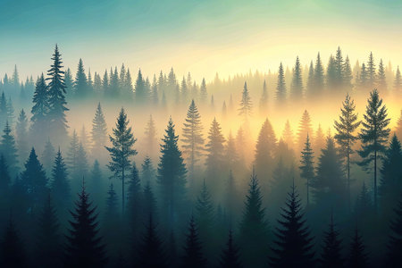 Misty Sunrise in Coniferous Forestの素材