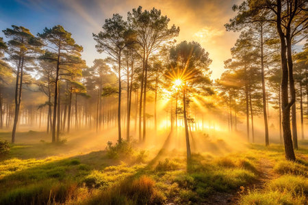 Golden sunrise through misty pine forestの素材