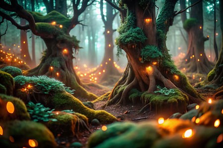 Mystical forest path lit by glowing lightsの素材