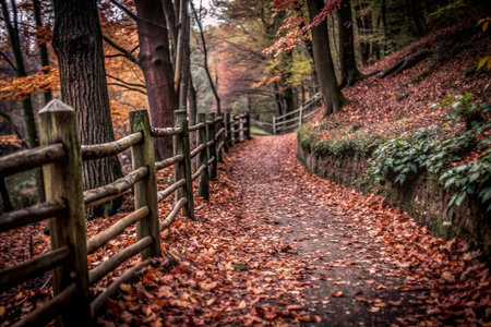 Autumn path through woods with rustic fenceの素材
