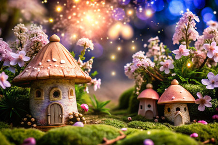Fairy houses on mossy knoll, magical garden, glowing flowersの素材