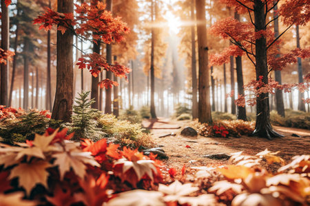 Autumn forest path sunlight through treesの素材