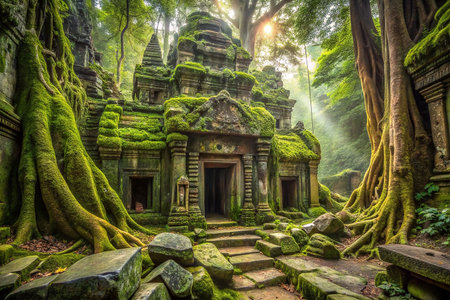 Ancient temple overgrown with jungle foliage, sunbeams piercing through the canopyの素材